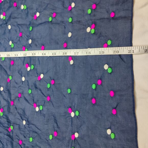 J. Crew Cotton Silk Twee Polka Dot Embroidered Navy Blue Preppy Square Scarf - Picture 6 of 7